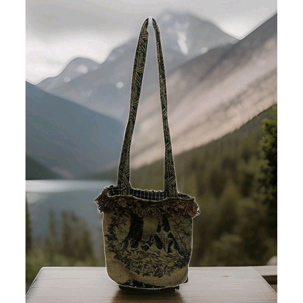 Vtg Woven Tapestry Hunting Dog Shoulder Bag Cottagecore Fringe Tote Bag
